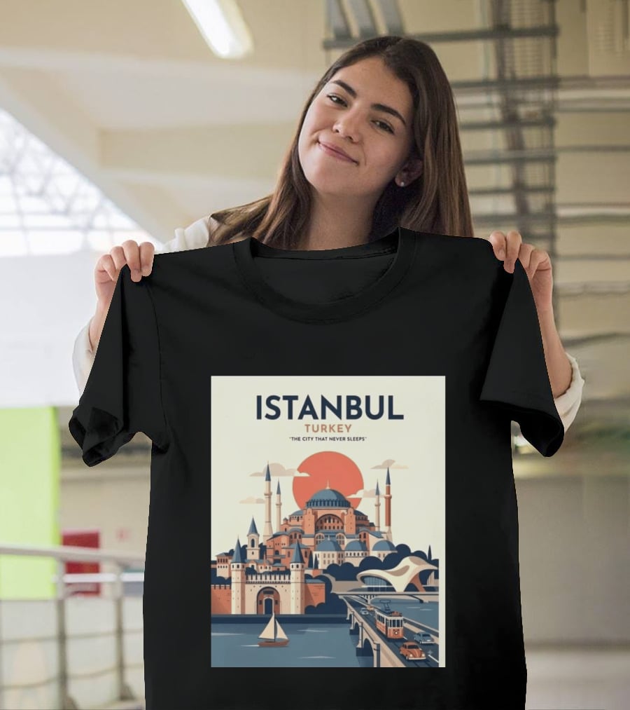Istanbul Turkey The City That Never Sleeps Iconic Landmarks Urban Skyline Retro Style Scenic Tram And Sailboat T-Shirt