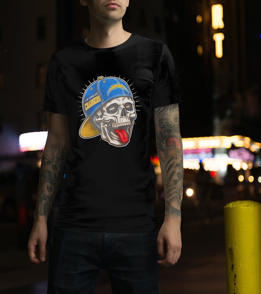 Los Angeles Chargers Skull Tongue Out Cap Football T-Shirt