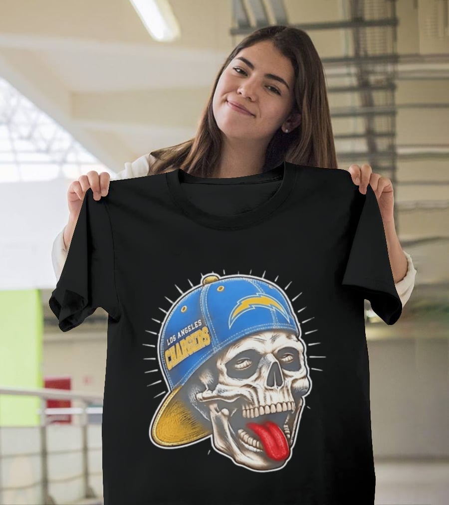 Los Angeles Chargers Skull Tongue Out Cap Football T-Shirt