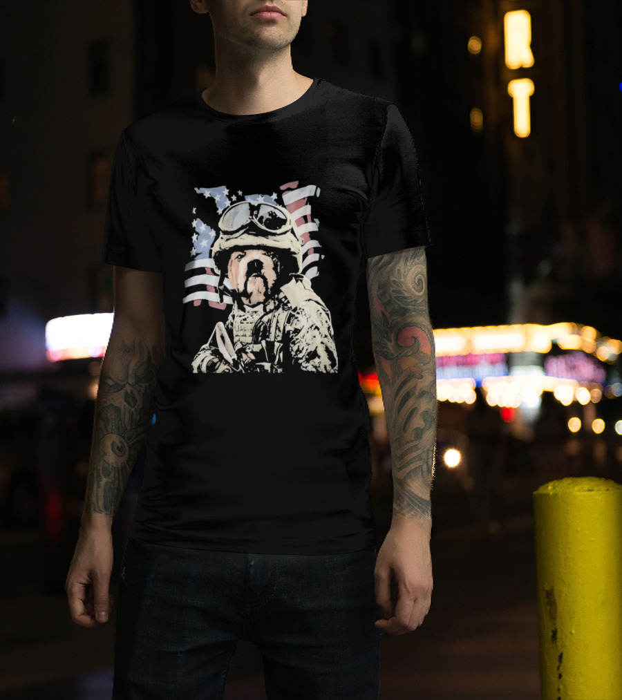 American Bulldog Soldier With United States Flag Goggles And Military Gear T-Shirt