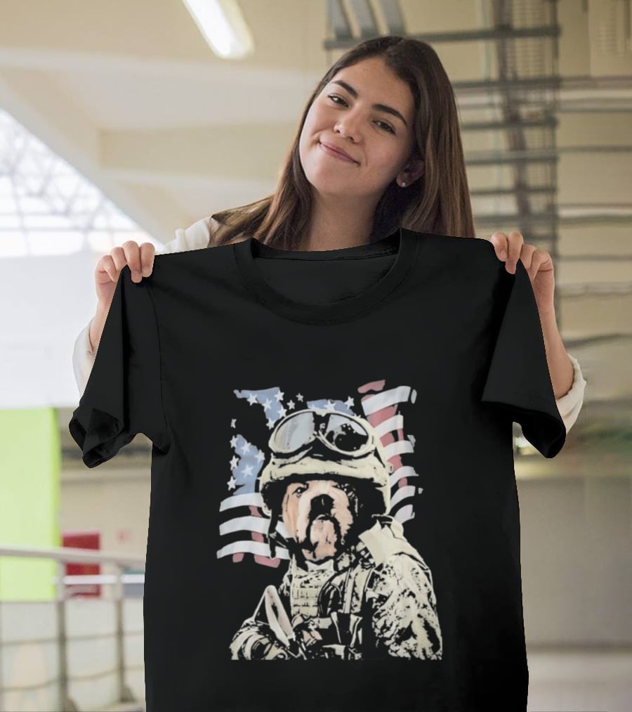 American Bulldog Soldier With United States Flag Goggles And Military Gear T-Shirt
