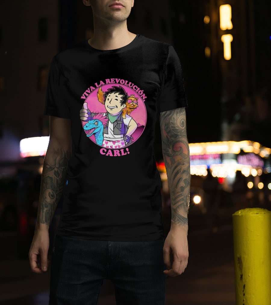 Viva La Revolución Carl Fallout Vault Boy Dinosaur Cat T-Shirt
