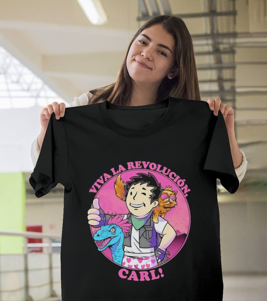 Viva La Revolución Carl Fallout Vault Boy Dinosaur Cat T-Shirt