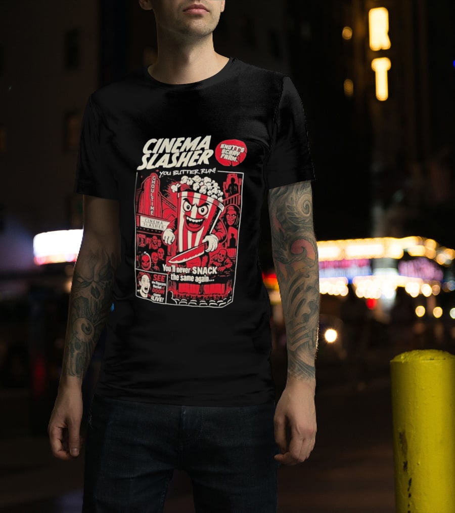 Cinema Slasher You Butter Run Knott's Scary Farm Popcorn Bucket Of Doom T-Shirt