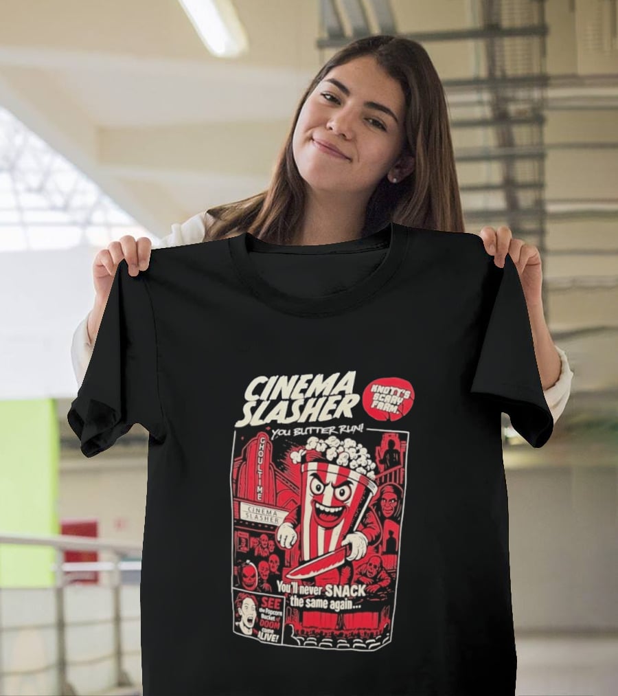 Cinema Slasher You Butter Run Knott's Scary Farm Popcorn Bucket Of Doom T-Shirt