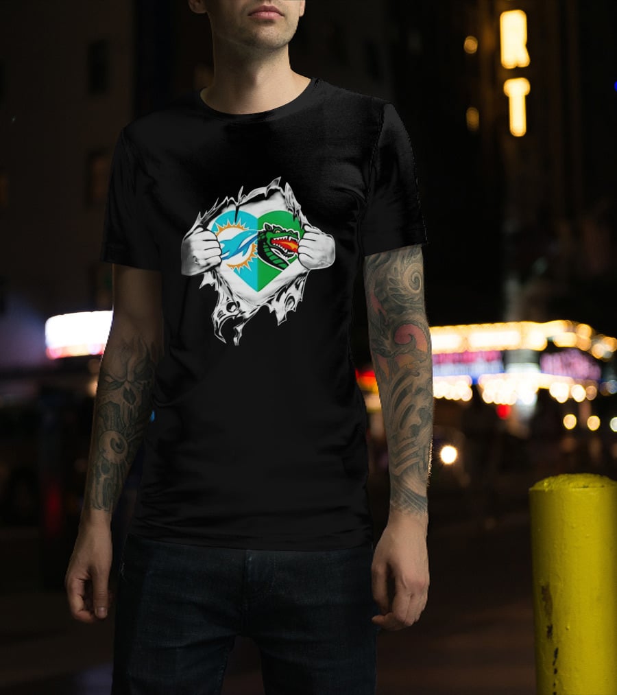 Miami Dolphins UAB Blazers Heart Superman Chest Rip T-Shirt