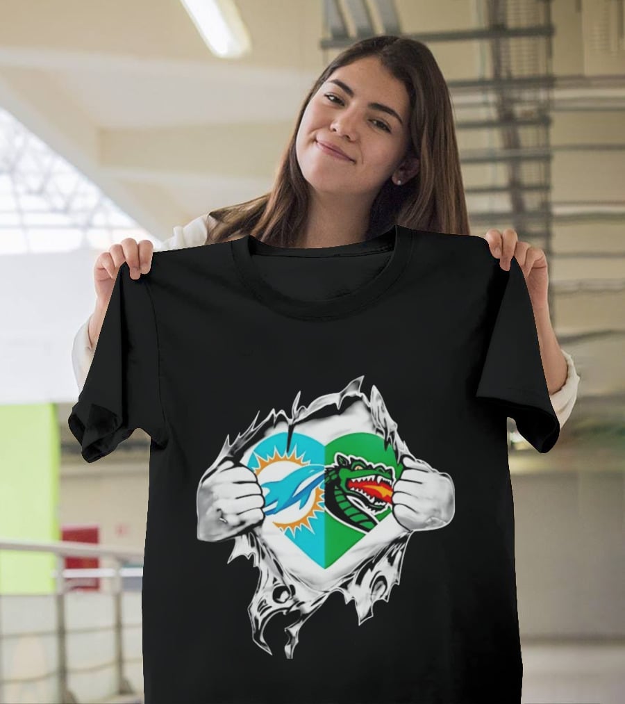 Miami Dolphins UAB Blazers Heart Superman Chest Rip T-Shirt
