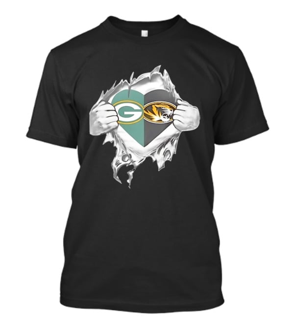 Green Bay Packers Missouri Tigers Heart Superman Chest Rip T-Shirt