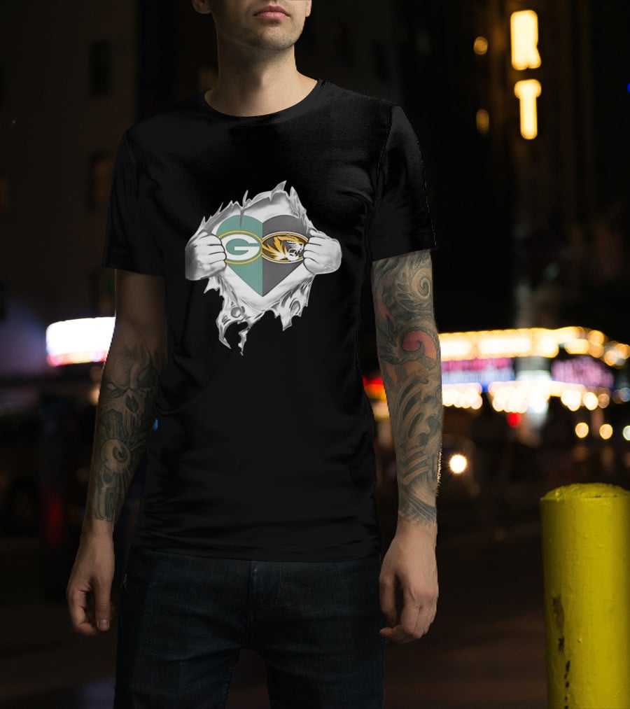 Green Bay Packers Missouri Tigers Heart Superman Chest Rip T-Shirt