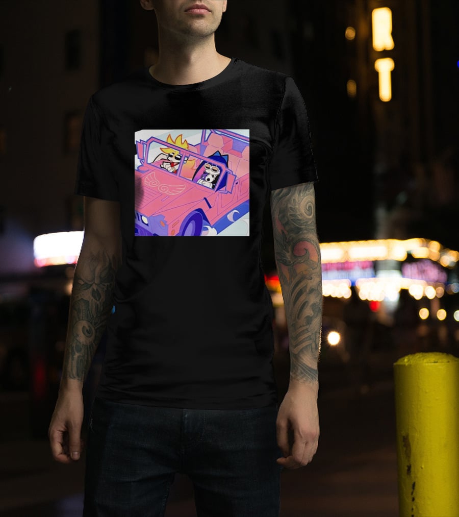 Panty And Stocking With Garterbelt Anime Characters Riding In Pink Car T-Shirt