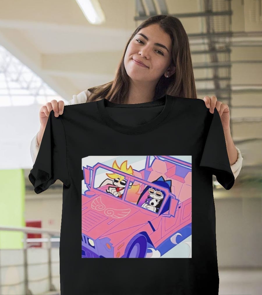 Panty And Stocking With Garterbelt Anime Characters Riding In Pink Car T-Shirt