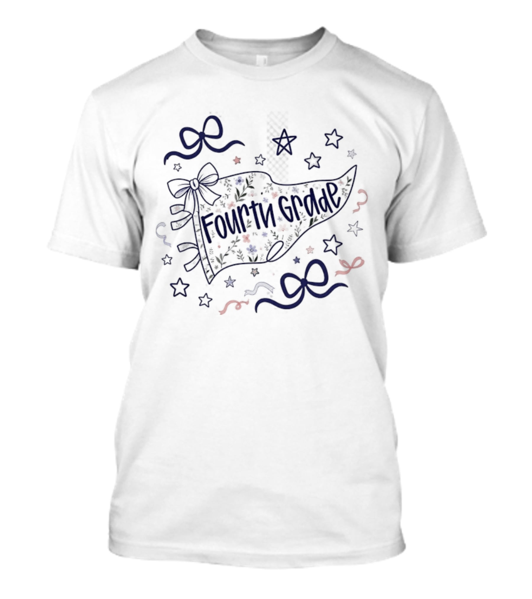 Fourth Grade Floral Pennant Bows And Stars Back To School T-Shirt