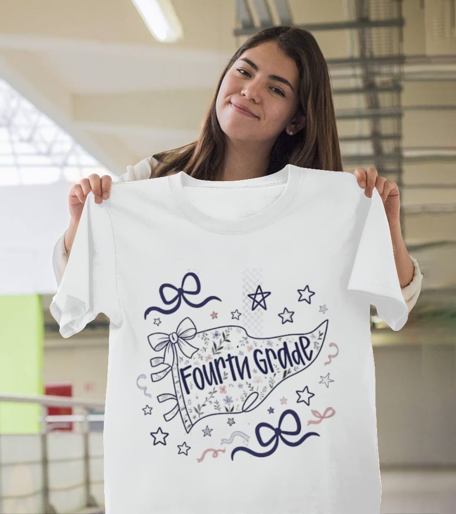 Fourth Grade Floral Pennant Bows And Stars Back To School T-Shirt