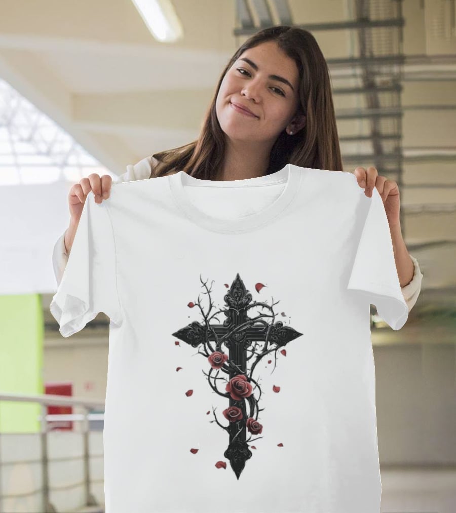 Gothic Cross Red Roses Thorns Religious Symbol Roses T-Shirt