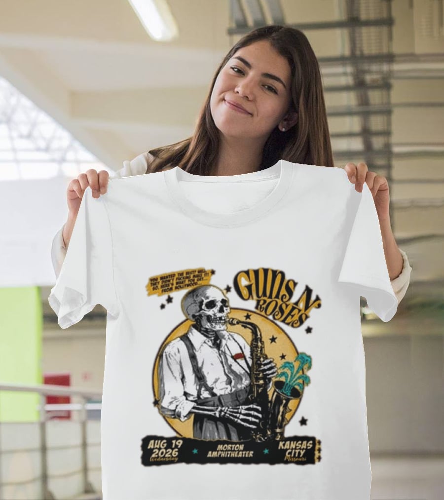 Guns N' Roses Aug 19 2026 Morton Amphitheater Kansas City Skeleton Saxophone T-Shirt