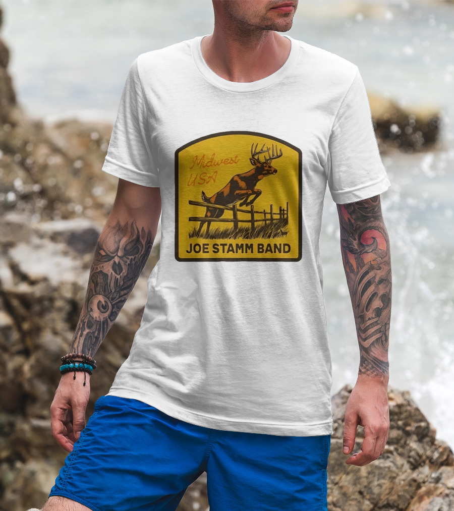 Joe Stamm Band Midwest USA Deer Jumping Fence Over Farm Field T-Shirt