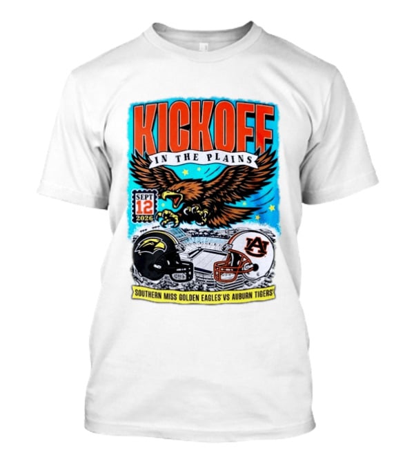 Kickoff In The Plains Southern Miss Golden Eagles Vs Auburn Tigers Sept 12 2026 Football Matchup T-Shirt