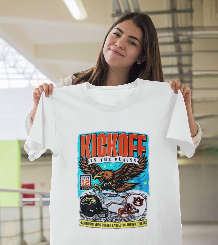 Kickoff In The Plains Southern Miss Golden Eagles Vs Auburn Tigers Sept 12 2026 Football Matchup T-Shirt