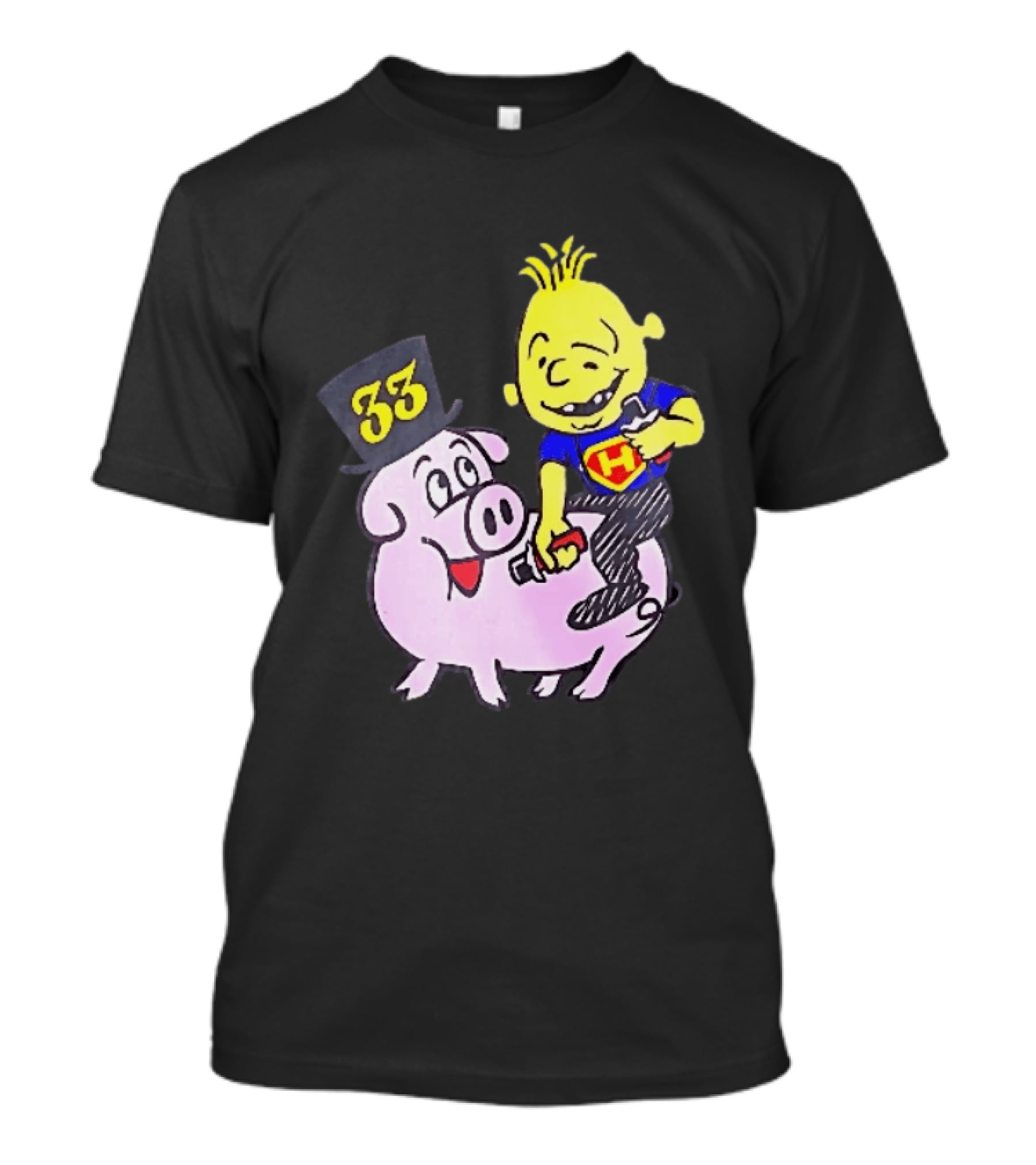 33 Cartoon Boy Yellow Hair Riding Pink Pig Black Top Hat H Hero T-Shirt