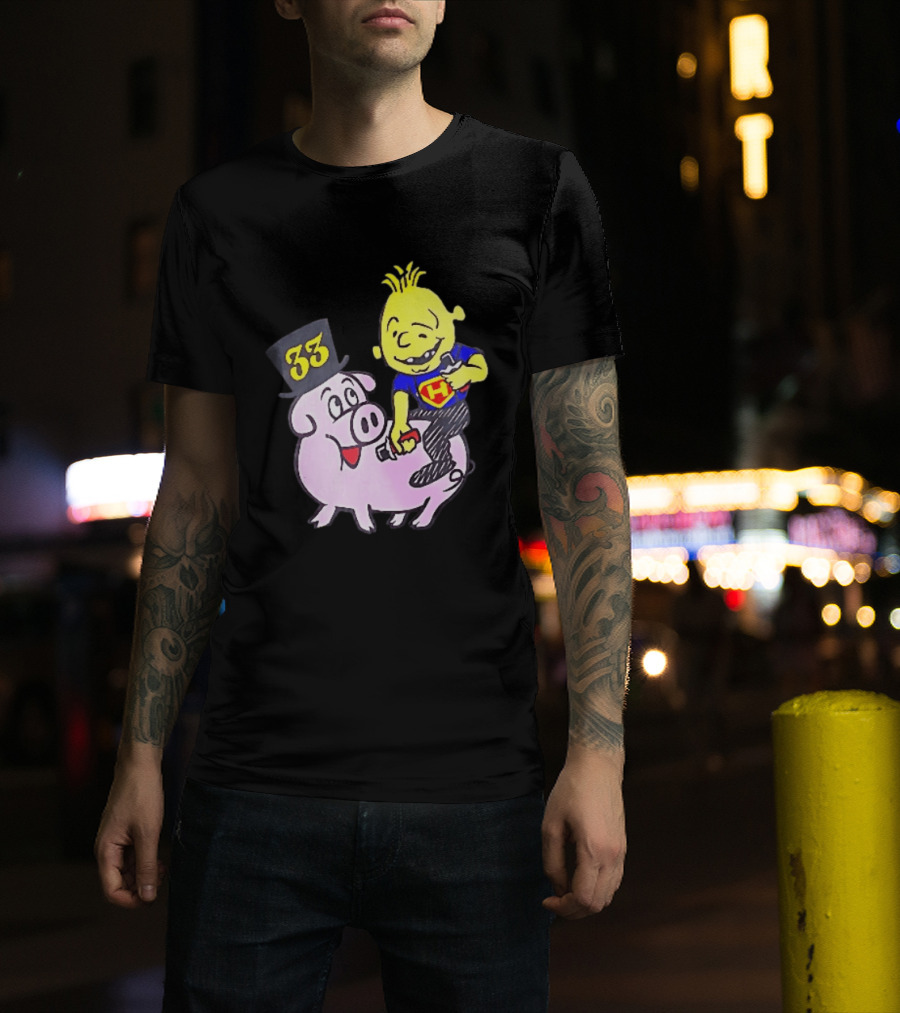 33 Cartoon Boy Yellow Hair Riding Pink Pig Black Top Hat H Hero T-Shirt