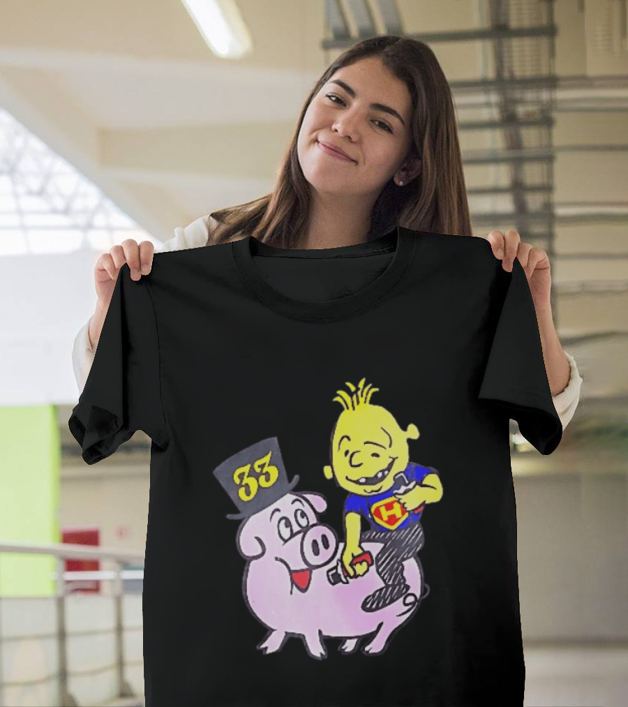 33 Cartoon Boy Yellow Hair Riding Pink Pig Black Top Hat H Hero T-Shirt
