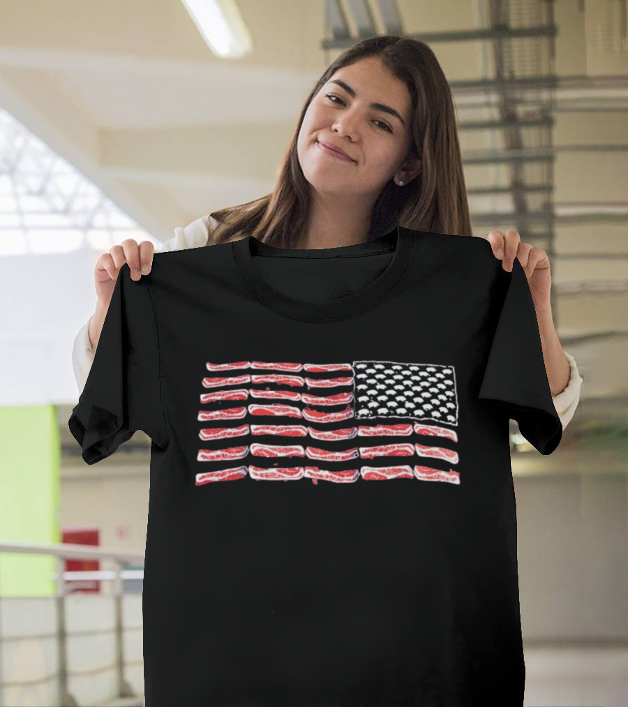 American Flag Bacon Strips With Pigs Pork Lover T-Shirt