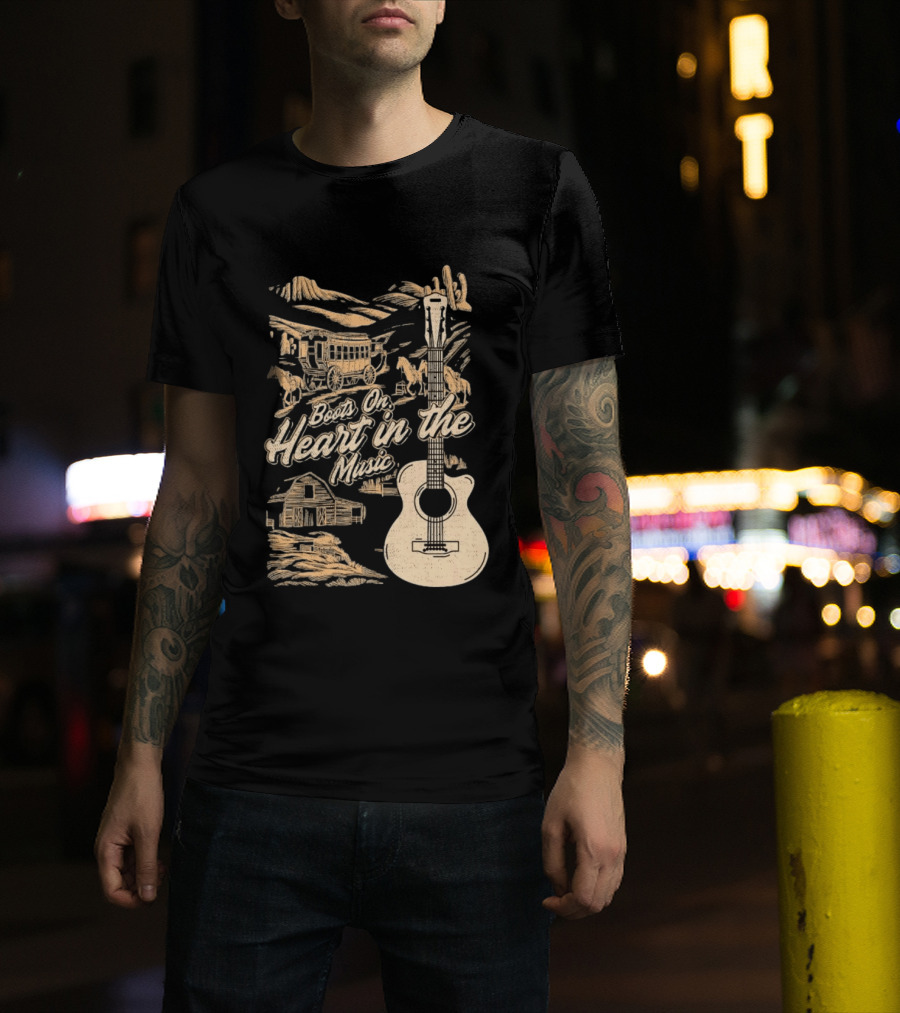Boots On Heart In The Music Acoustic Guitar Cowboy Stagecoach Barn Scene T-Shirt