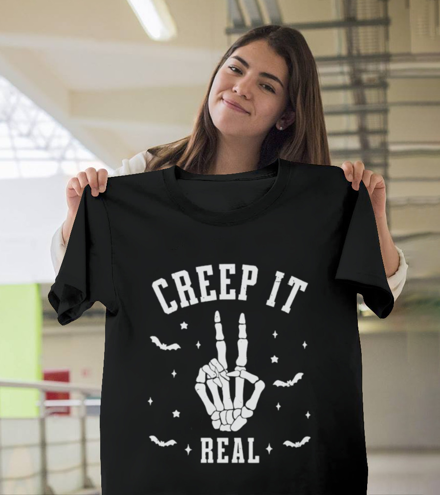 Creep It Real Skeleton Hand Peace Sign Halloween Bats Stars T-Shirt