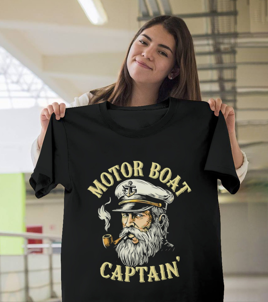 Motor Boat Captain Nautical Sea Sailor Pipe Smoking Beard T-Shirt