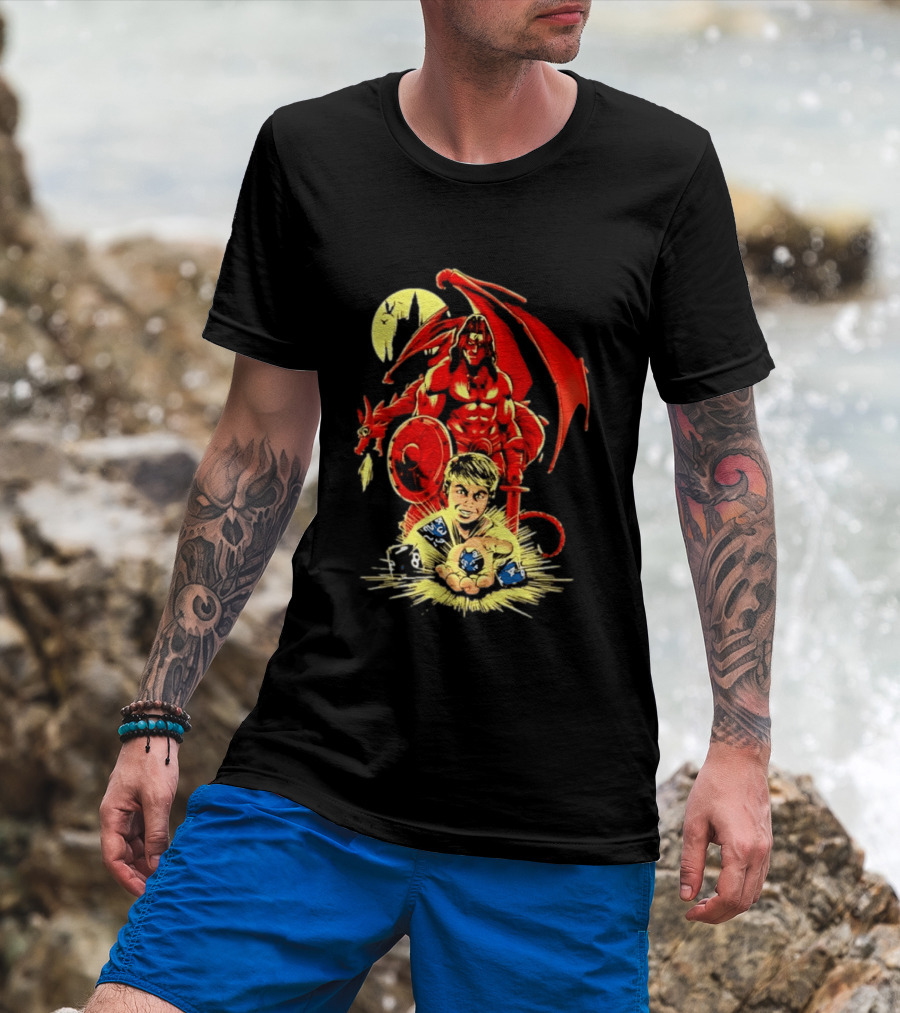 Dungeons And Dragons Player With Red Dragon And Blue Dice Adventure T-Shirt