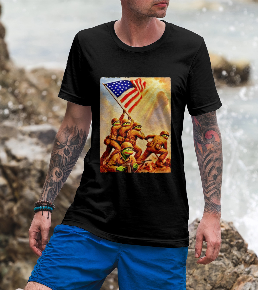Pepe The Frog American Flag Soldiers Together We Win WWII Iwo Jima Memorial T-Shirt