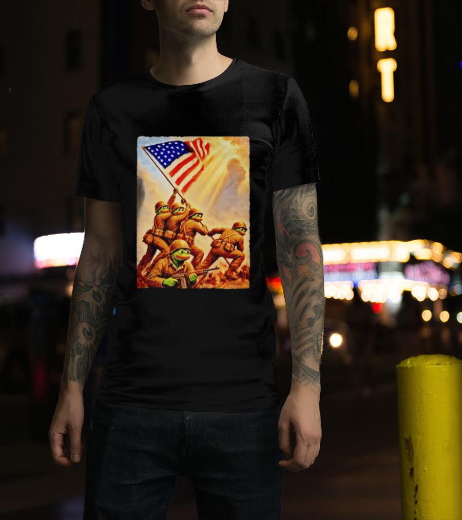 Pepe The Frog American Flag Soldiers Together We Win WWII Iwo Jima Memorial T-Shirt