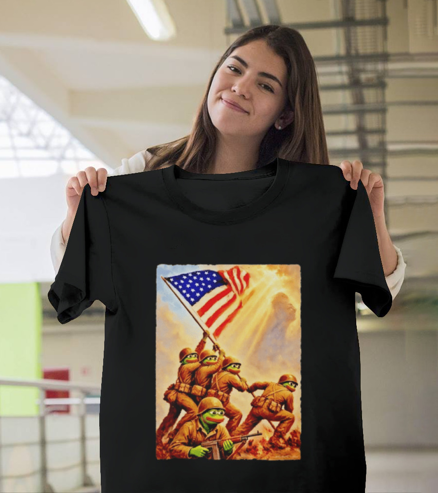 Pepe The Frog American Flag Soldiers Together We Win WWII Iwo Jima Memorial T-Shirt