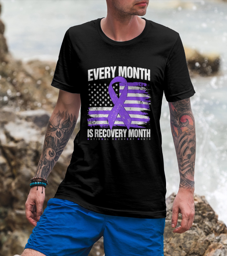 Every Month Is Recovery Month Purple Ribbon American Flag National Recovery Month T-Shirt
