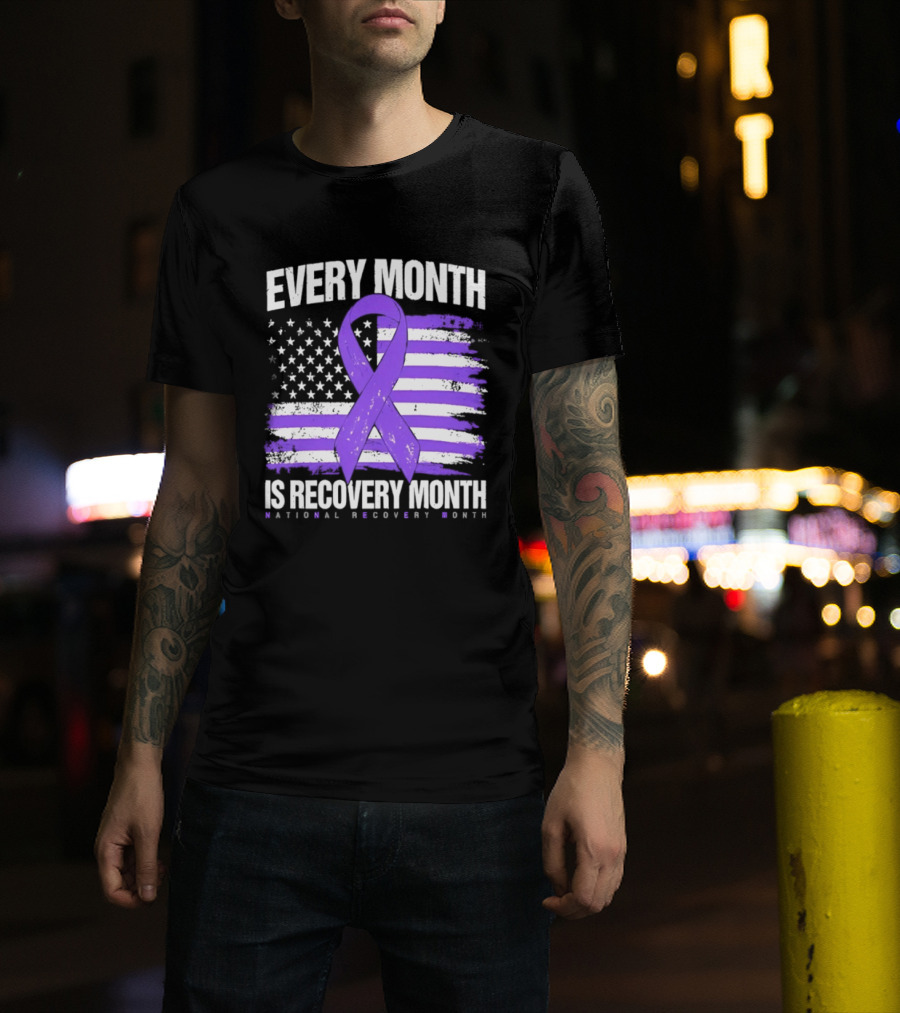 Every Month Is Recovery Month Purple Ribbon American Flag National Recovery Month T-Shirt