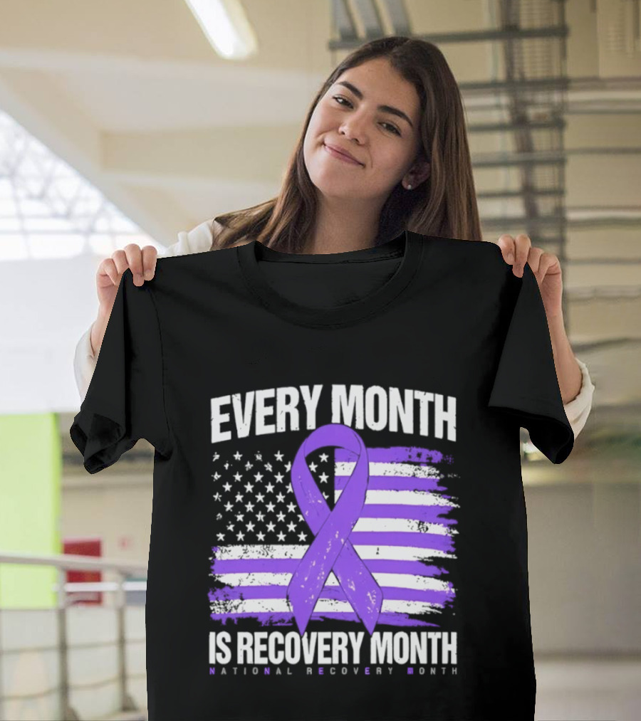 Every Month Is Recovery Month Purple Ribbon American Flag National Recovery Month T-Shirt