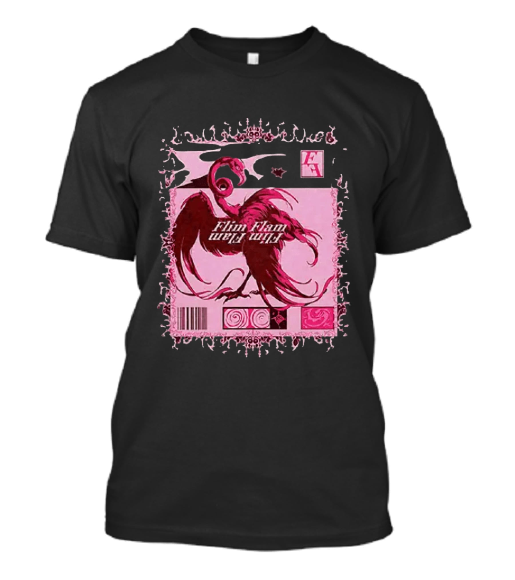 Flim Flam Flamingo Barcode Pink Swirl Border T-Shirt