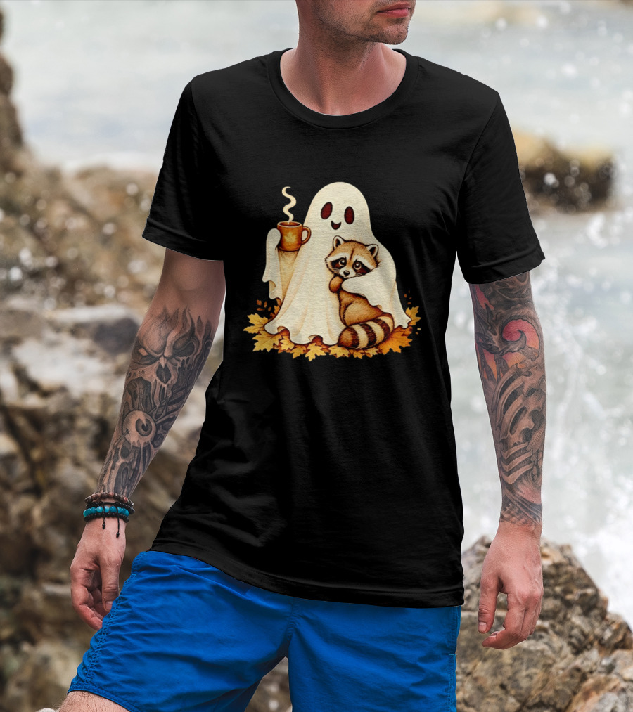 Ghost Hugging Raccoon With Coffee And Autumn Leaves T-Shirt