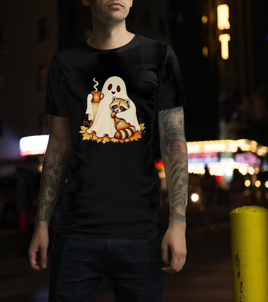 Ghost Hugging Raccoon With Coffee And Autumn Leaves T-Shirt