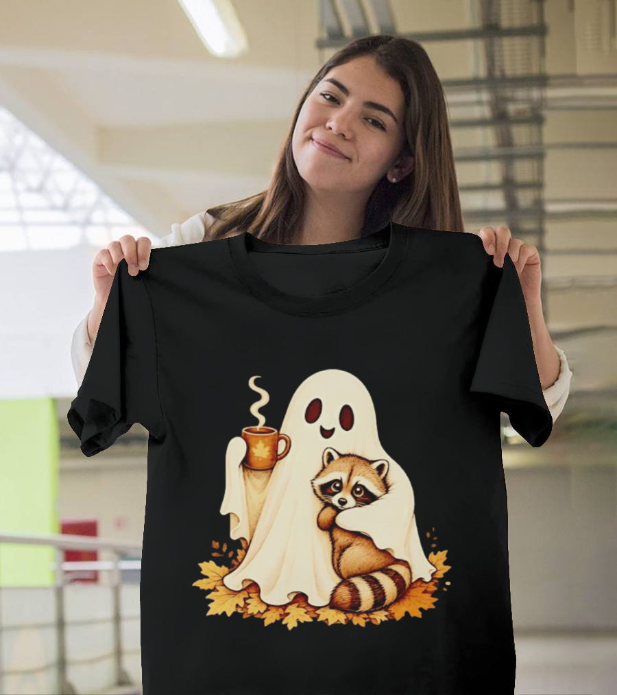 Ghost Hugging Raccoon With Coffee And Autumn Leaves T-Shirt