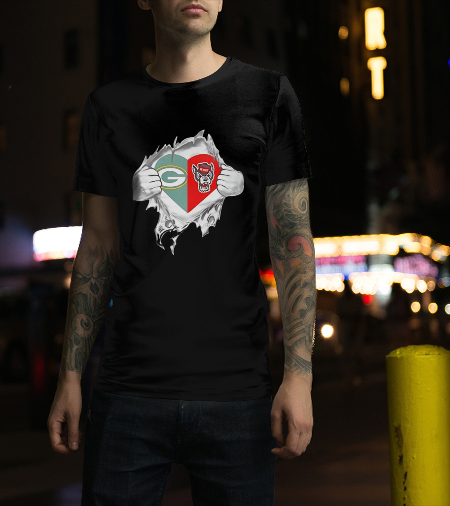 Green Bay Packers NC State Wolfpack Heart Superman Chest Rip T-Shirt