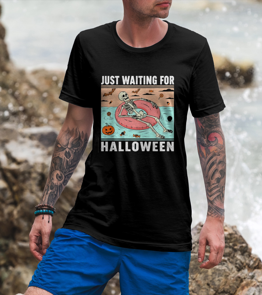 Just Waiting For Halloween Skeleton Pool Float With Candy And Pumpkin T-Shirt