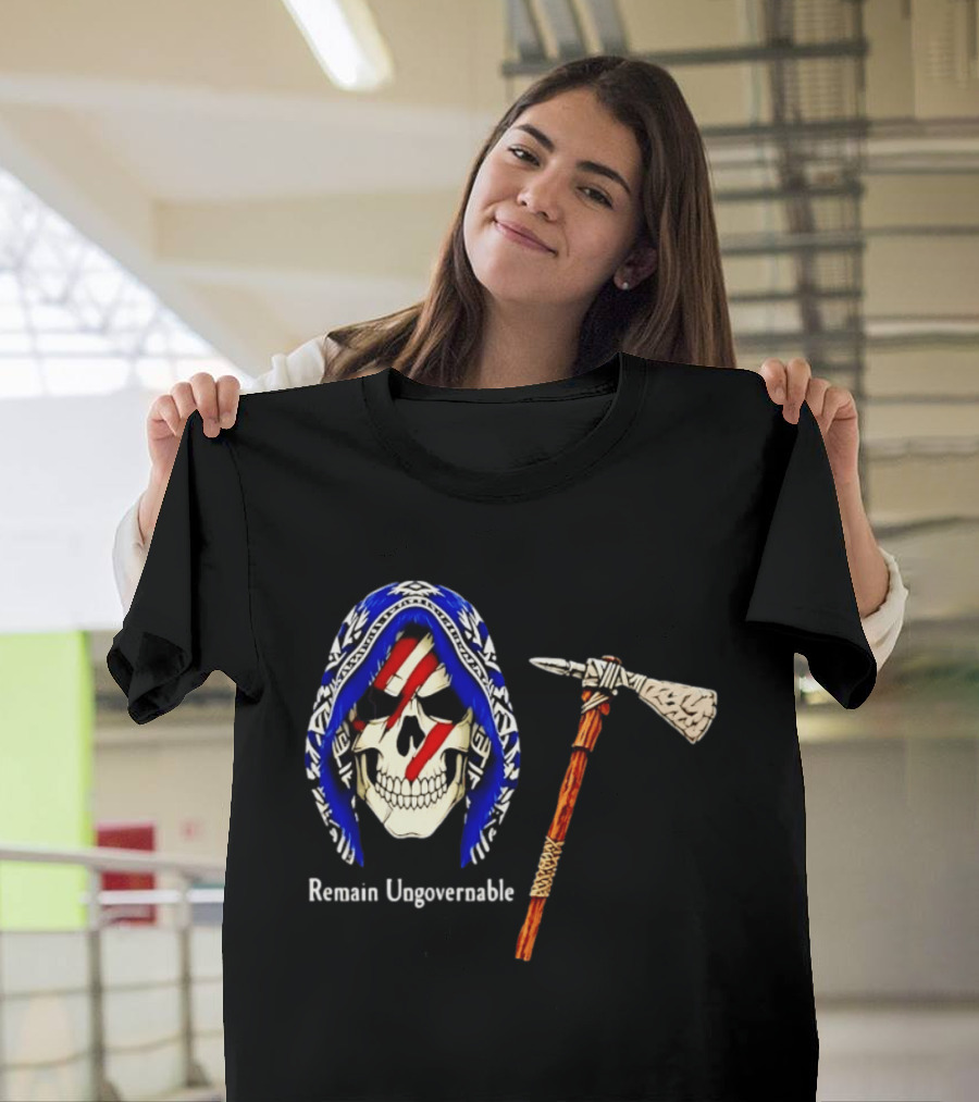 Skull With Tomahawk Remain Ungovernable Hooded Skeleton Red Marks T-Shirt