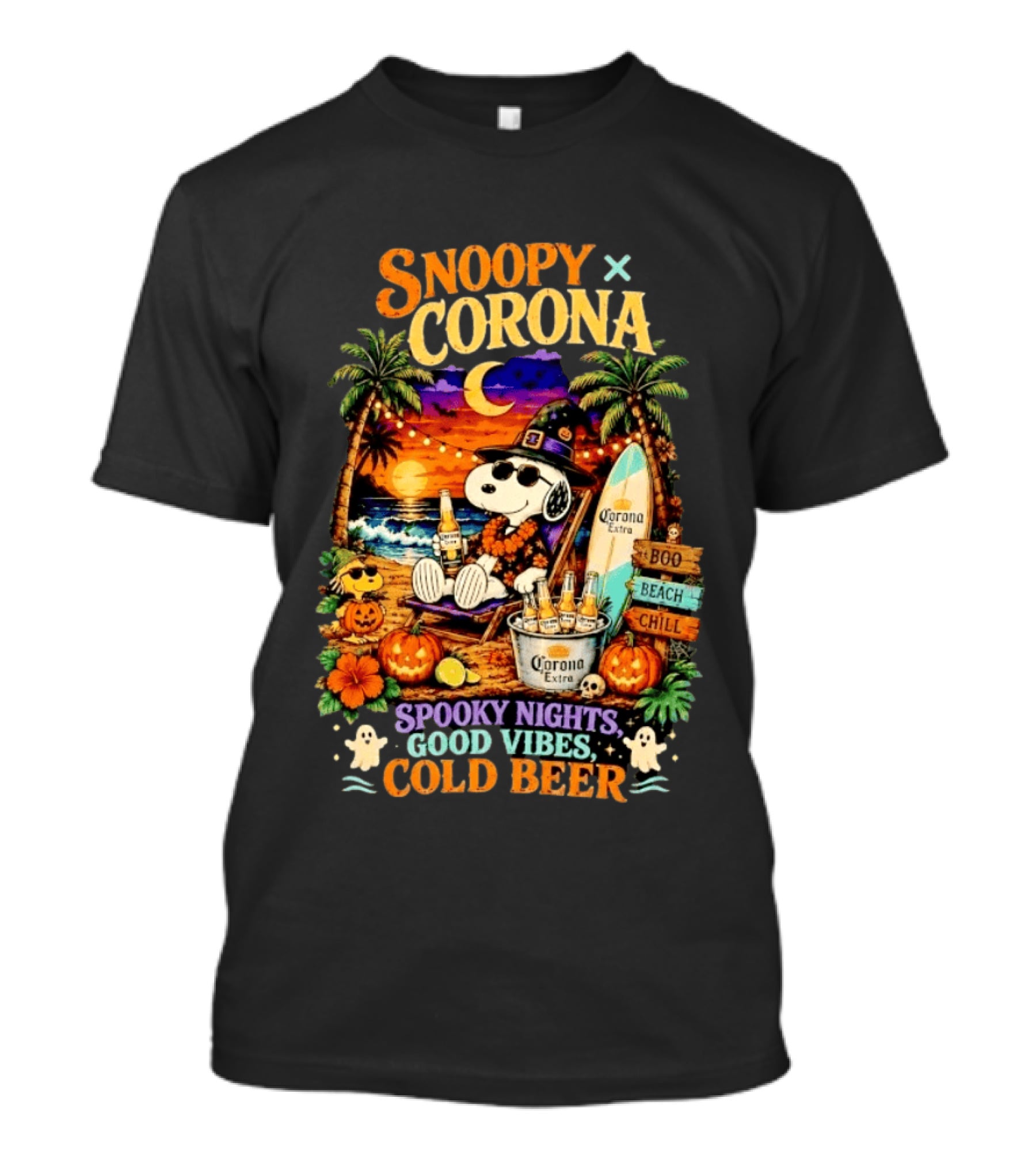 Snoopy X Corona Boo Beach Chill Spooky Nights Good Vibes Cold Beer T-Shirt