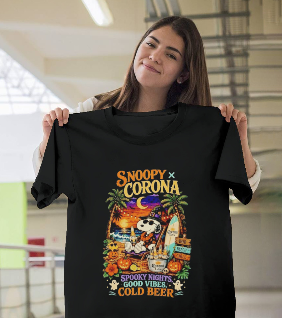 Snoopy X Corona Boo Beach Chill Spooky Nights Good Vibes Cold Beer T-Shirt