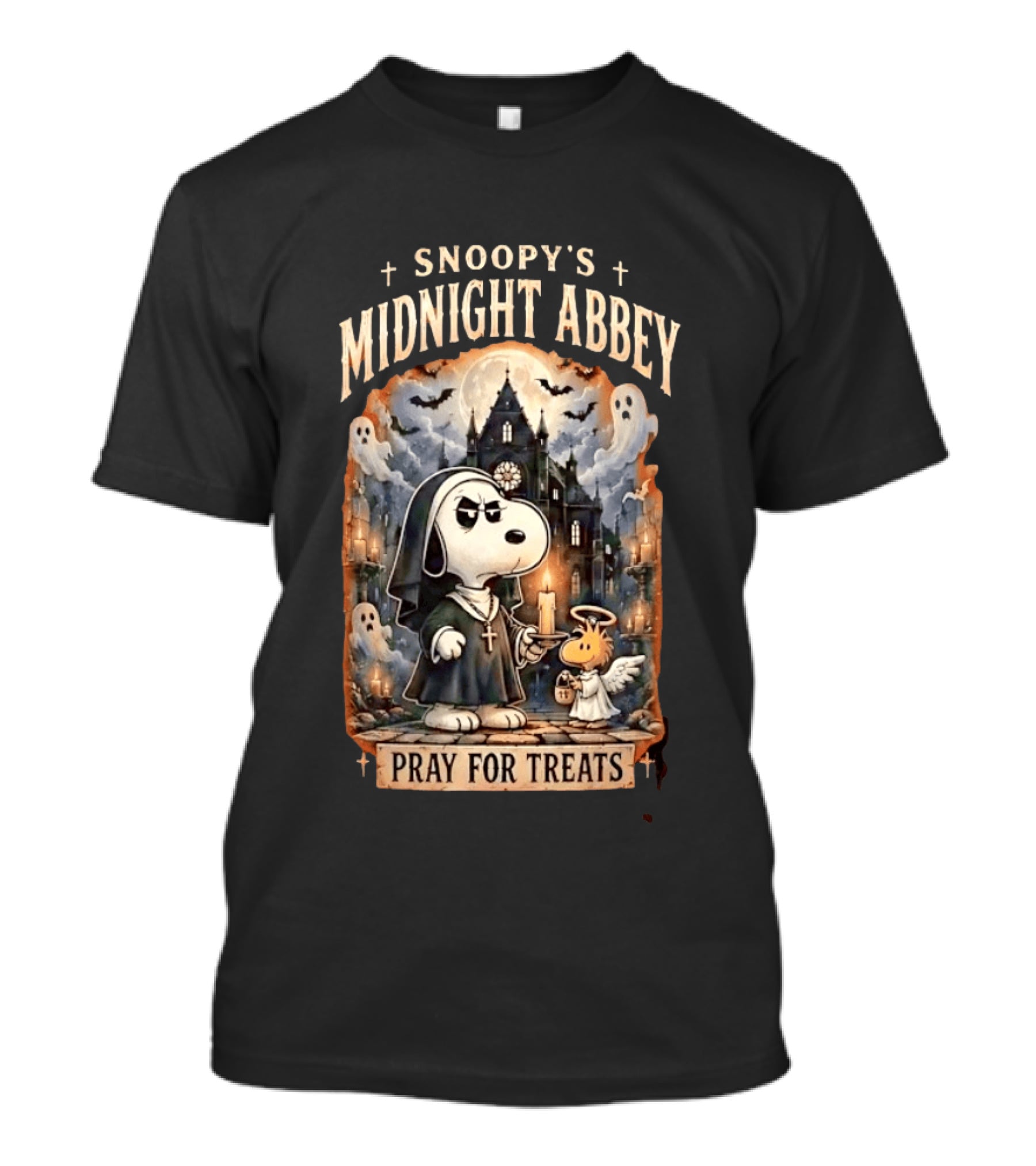 Snoopy's Midnight Abbey Pray For Treats Halloween Cathedral Scene T-Shirt