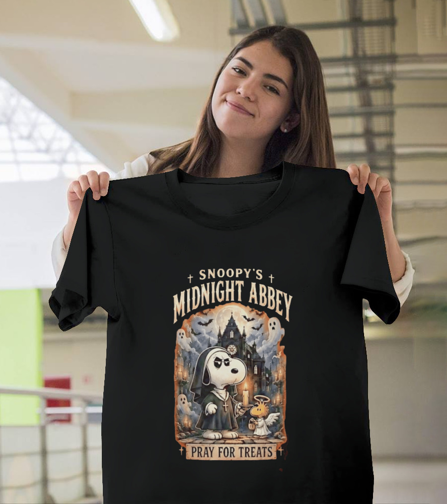 Snoopy's Midnight Abbey Pray For Treats Halloween Cathedral Scene T-Shirt