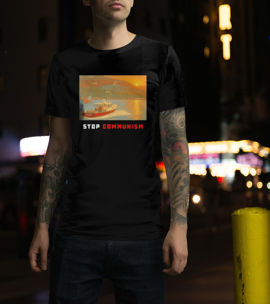 Stop Communism Freedom Boat American Flag Sunset Landscape T-Shirt