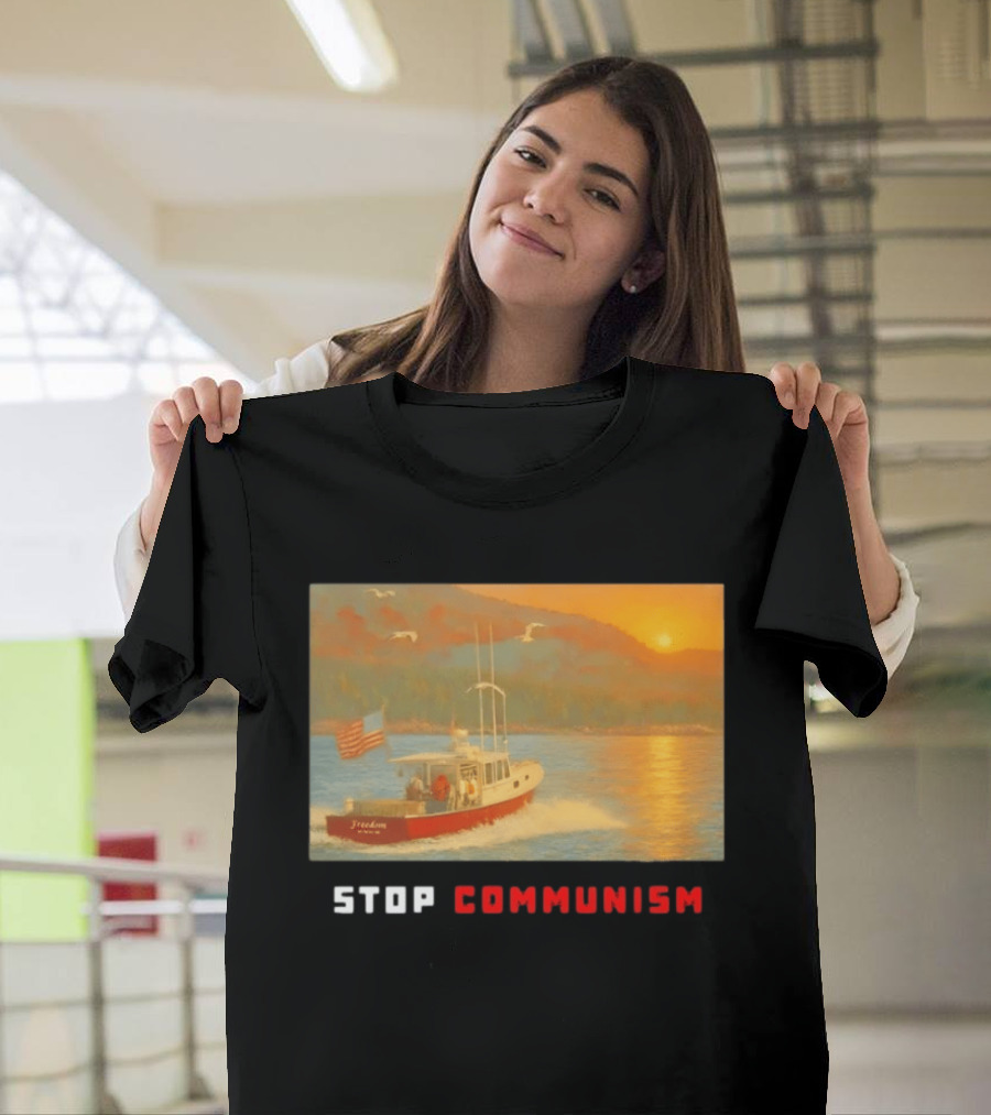 Stop Communism Freedom Boat American Flag Sunset Landscape T-Shirt