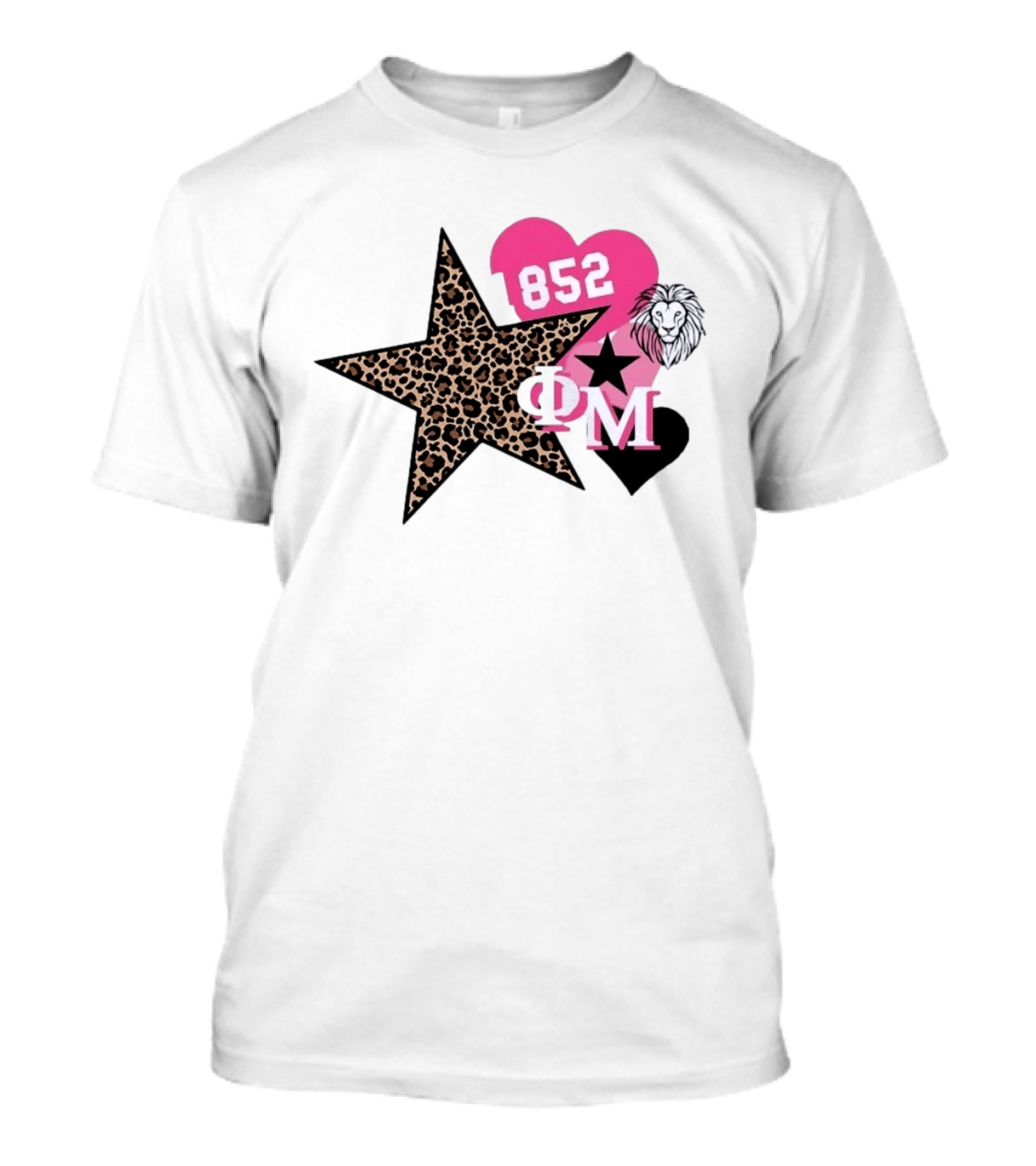 Phi Mu 1852 Leopard Star Lion 852 Pink Heart Sorority T-Shirt